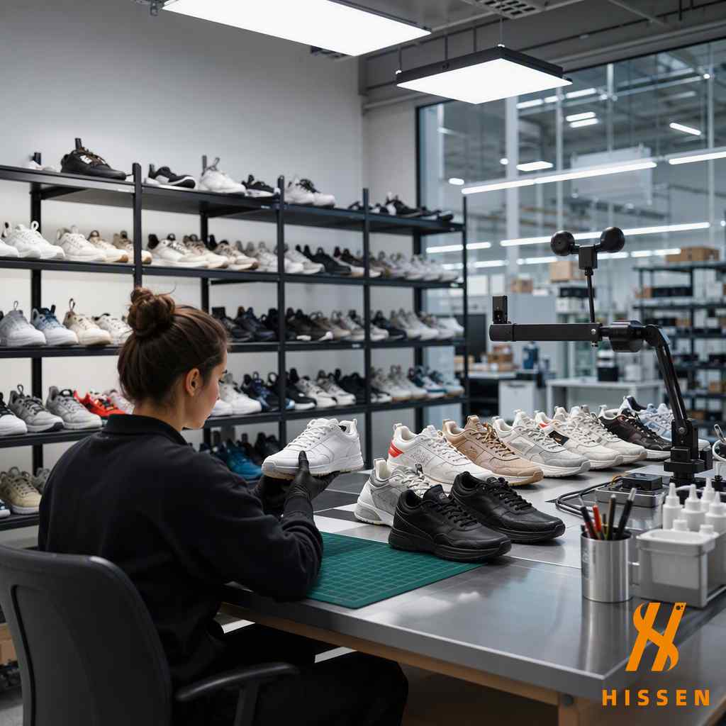 Professional sneaker grading station with used athletic shoes organized by quality level