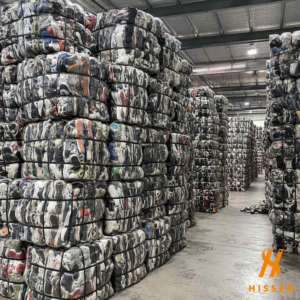 Warehouse filled with bales of second hand sneakers and athletic shoes for export