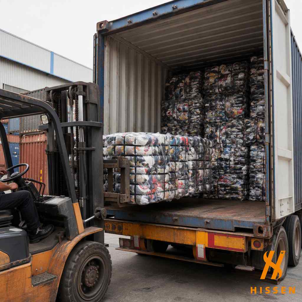 Bales of second hand sneakers being loaded into shipping container for export