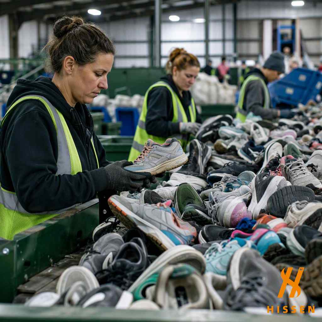Workers sorting through second hand sneakers and athletic shoes inspecting condition
