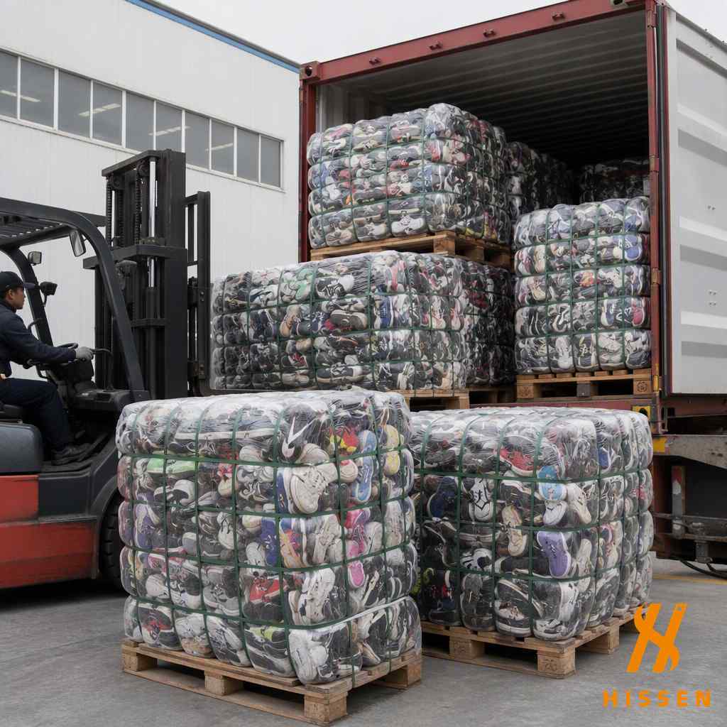 Weighed second hand sneaker bales being loaded for export to market traders