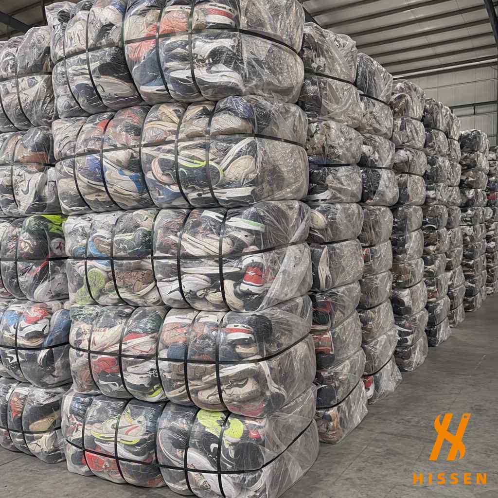 Second hand sneaker bales organized for wholesale distribution