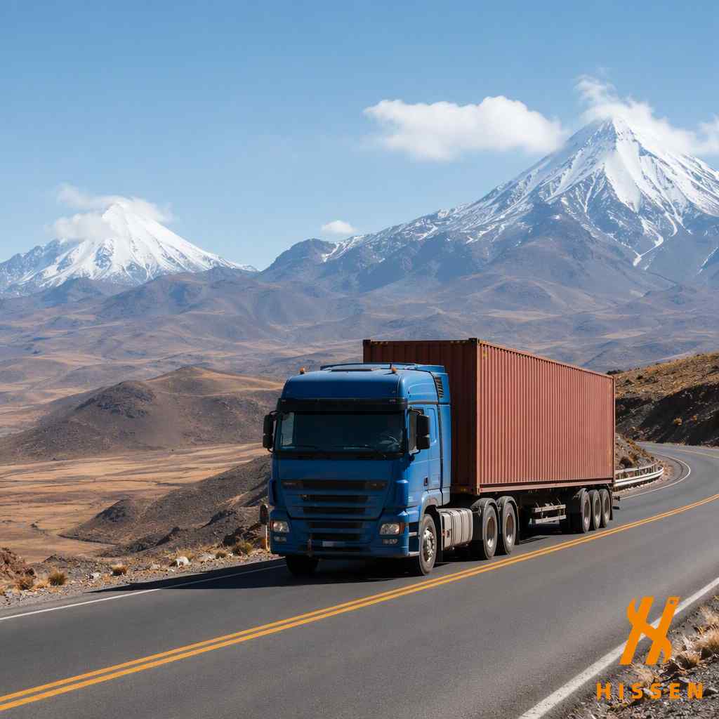 Container truck crossing a high-altitude Andean mountain pass en route to Bolivia