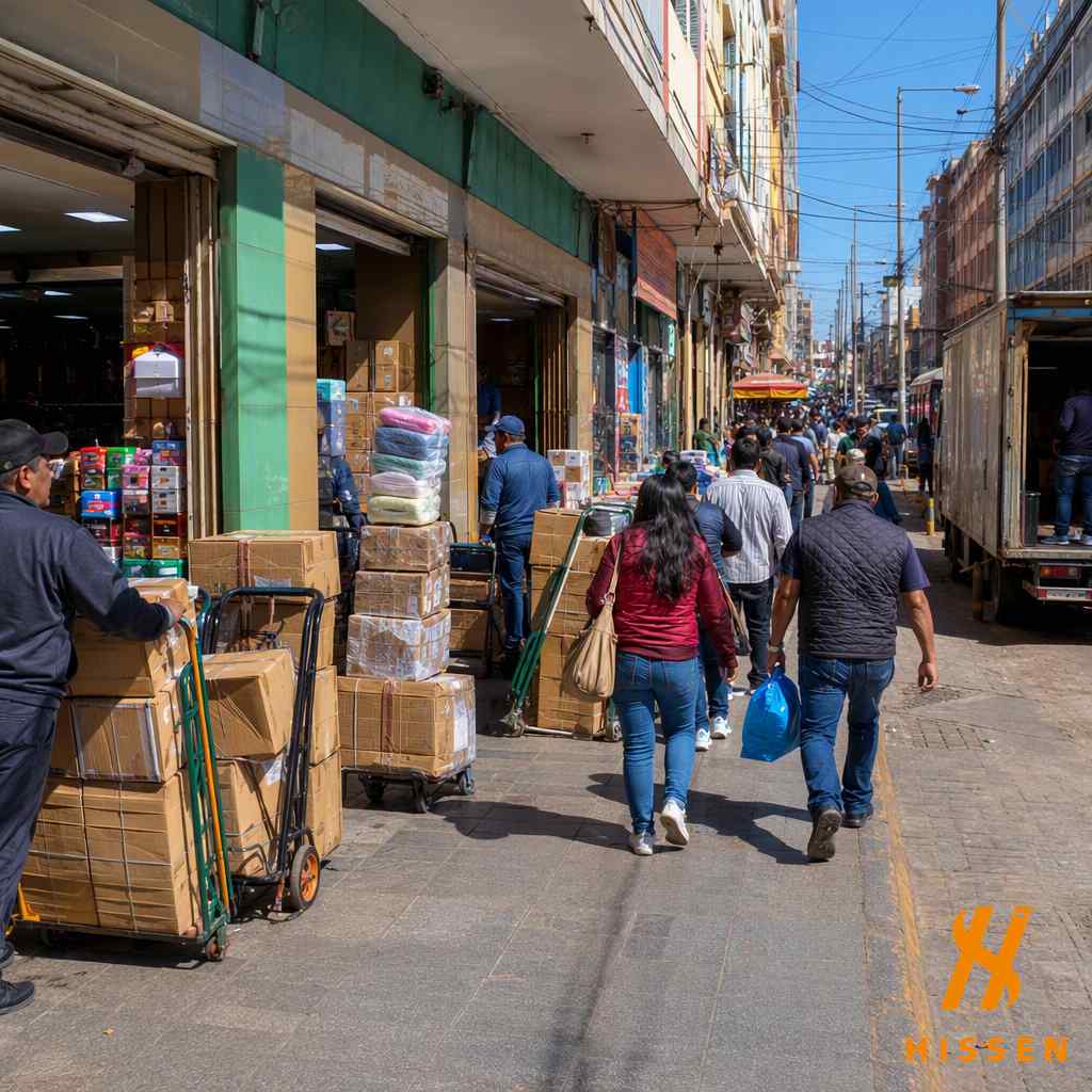 Busy South American border wholesale commercial district with goods moving between shops