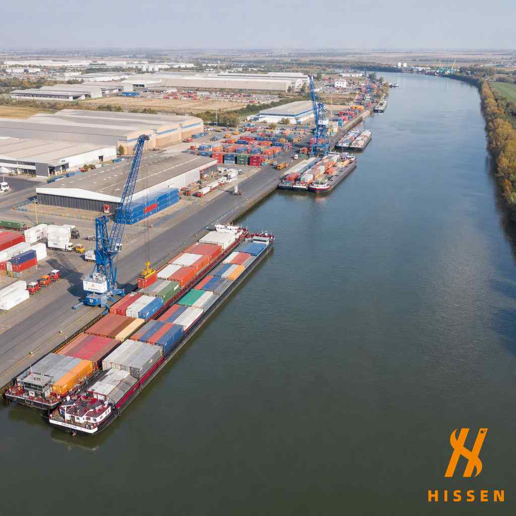 River barge port on the Paraguay-Paraná waterway loading containers