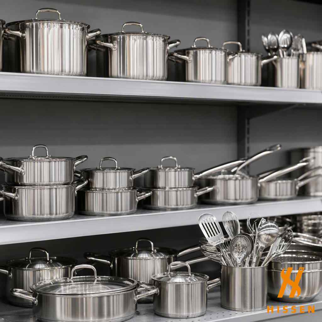 Stainless steel cooking pots and pans arranged on a warehouse shelf