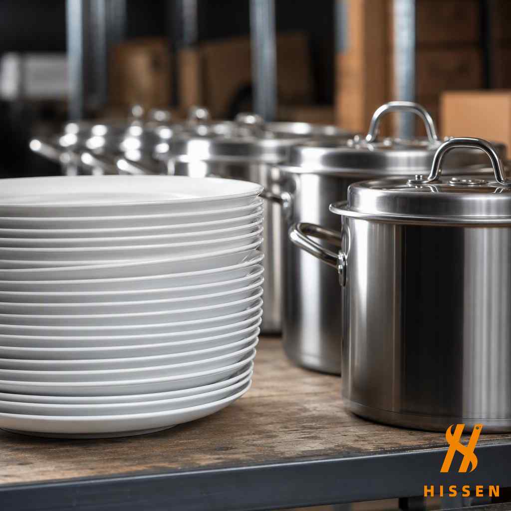 Stacked ceramic dinner plates beside stainless steel cooking pots