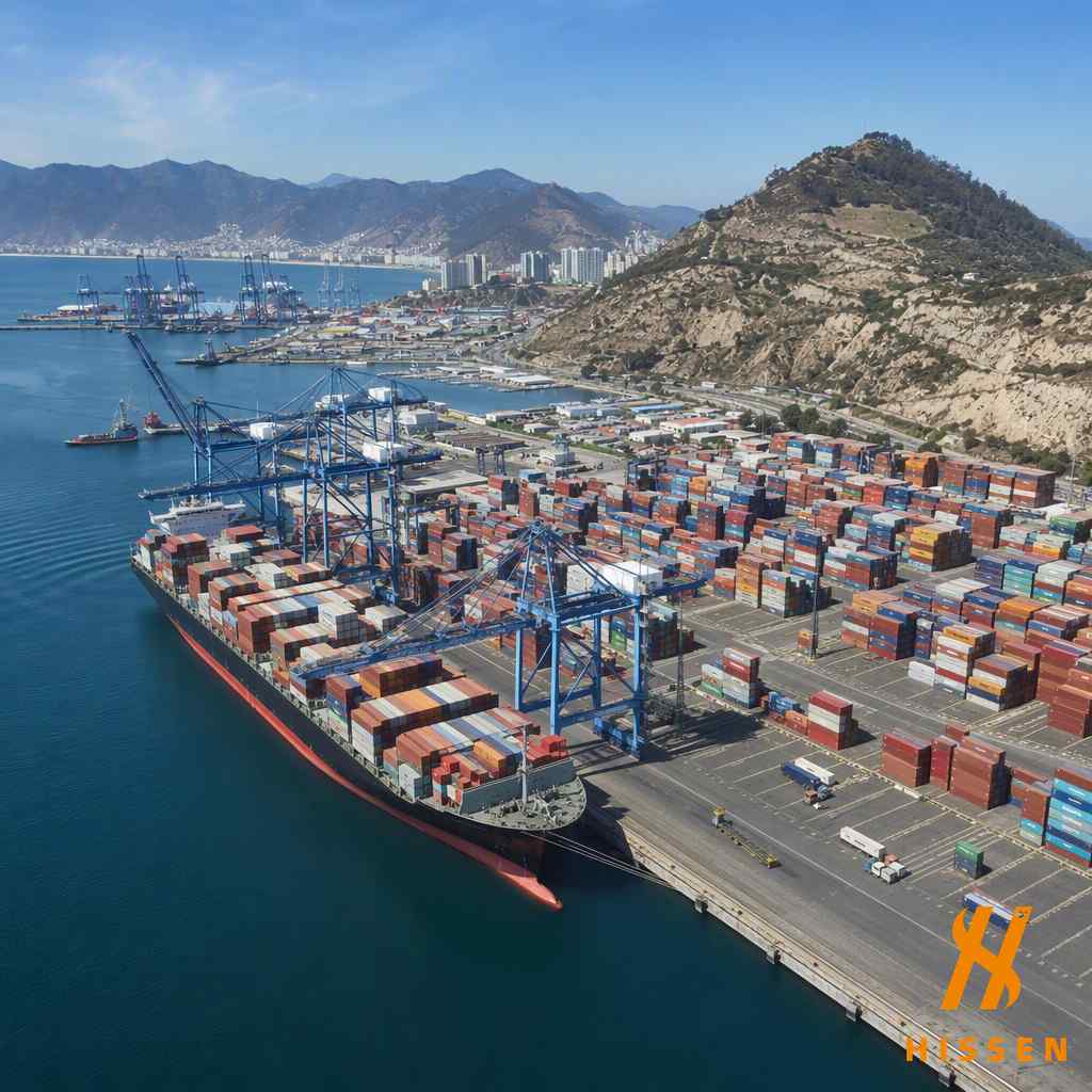 South American Pacific coast container terminal with cranes and stacked containers