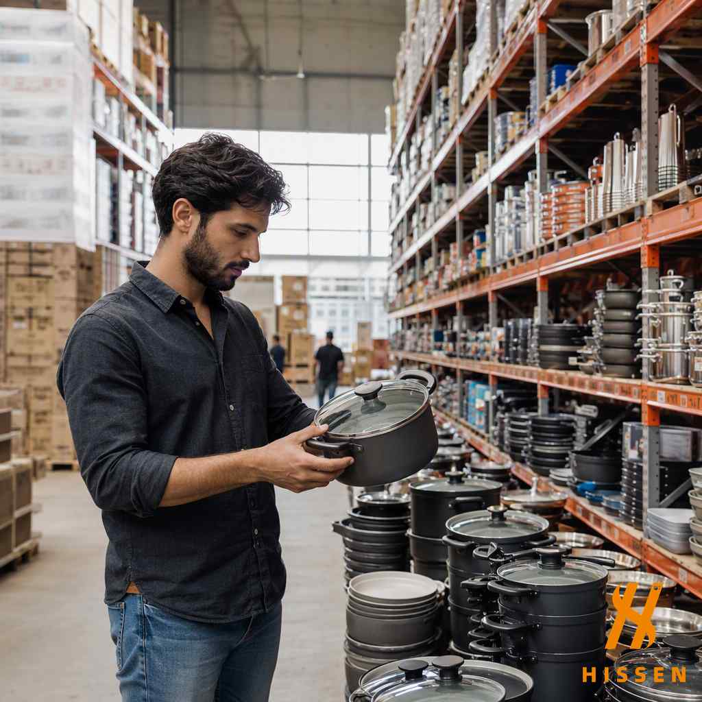 South American wholesale warehouse with shelves of cookware and household goods