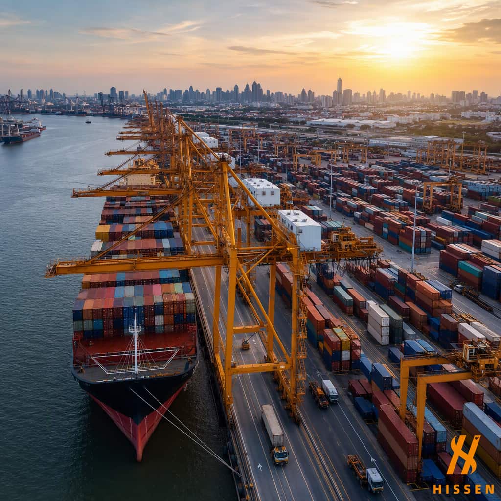 Container terminal with gantry cranes loading shipping containers