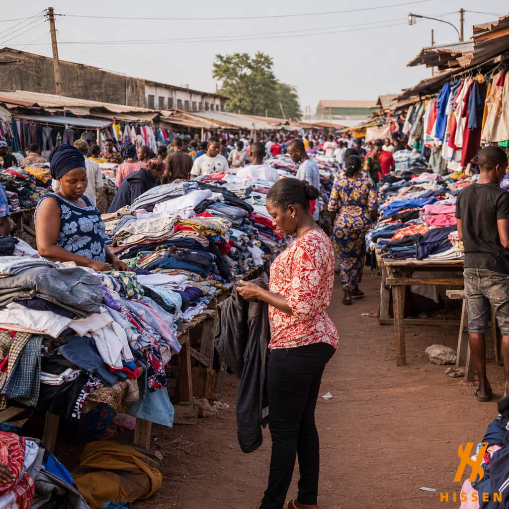 Open-air second-hand clothing market with stalls piled with used garments