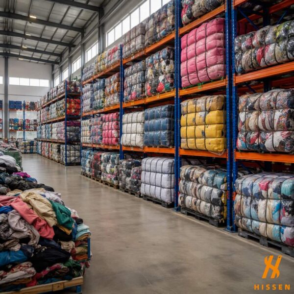 Sorted used clothing bales stacked on racks in a Hissen Global warehouse