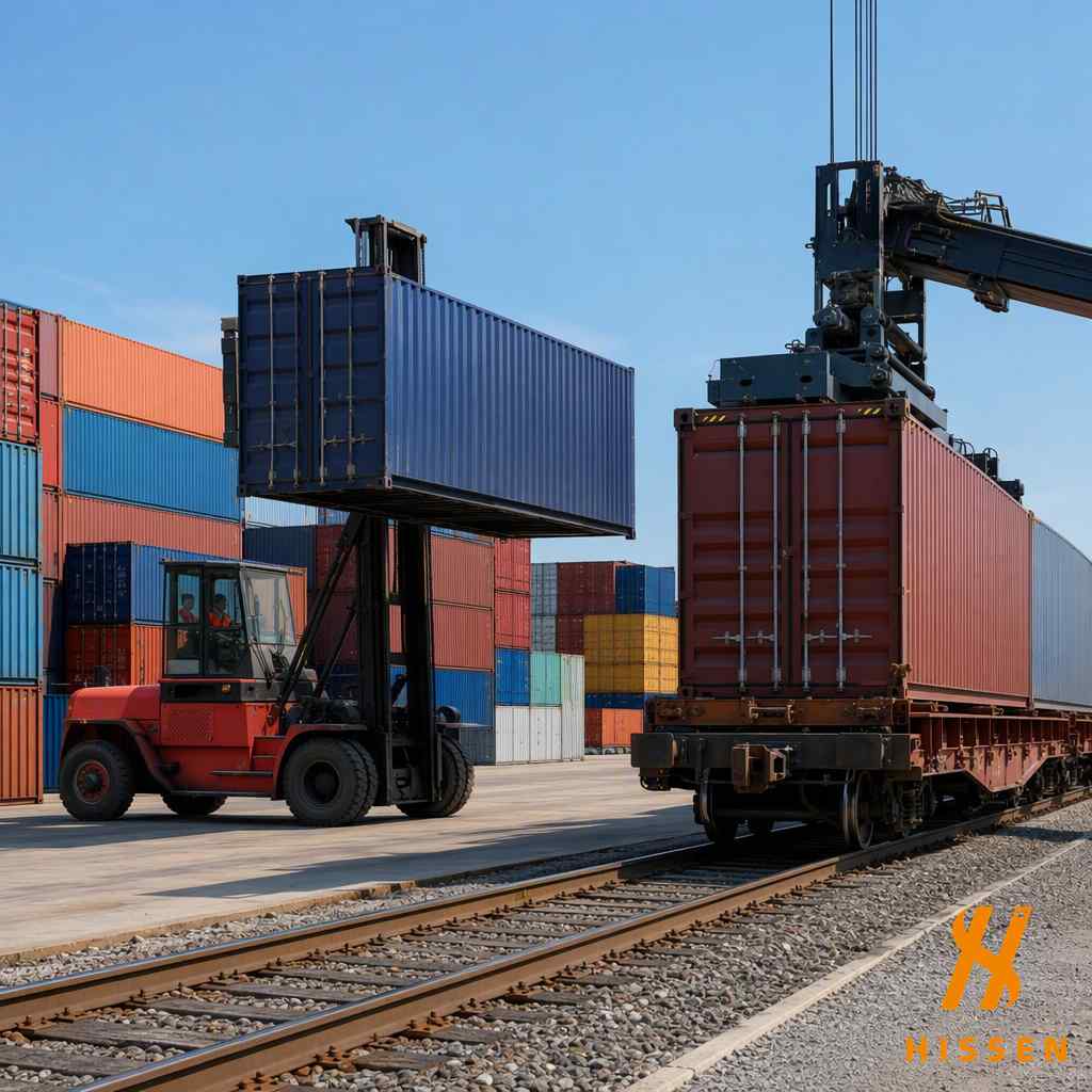 Inland container depot with stacked containers and freight train