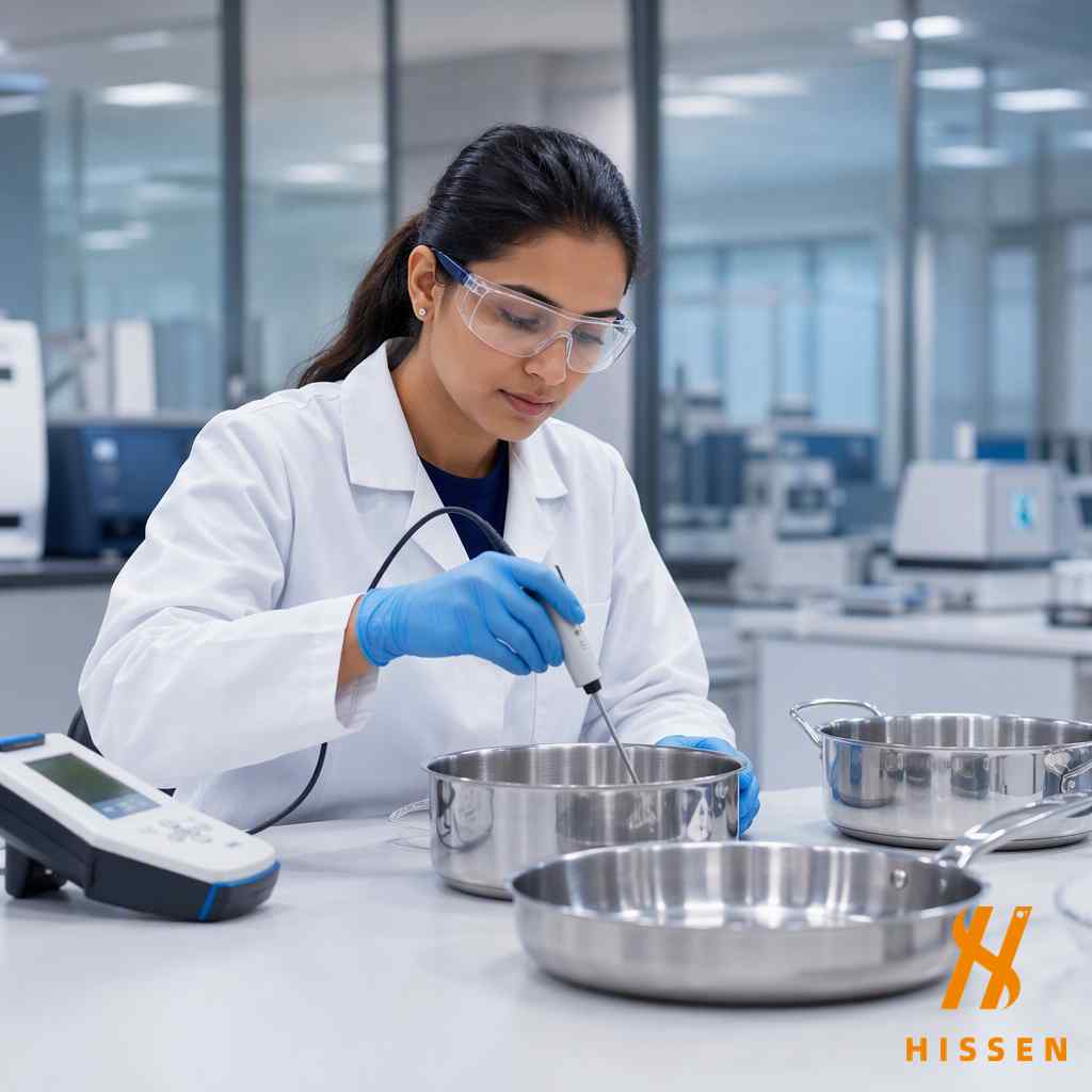 Laboratory technician testing metal cookware for food contact material safety