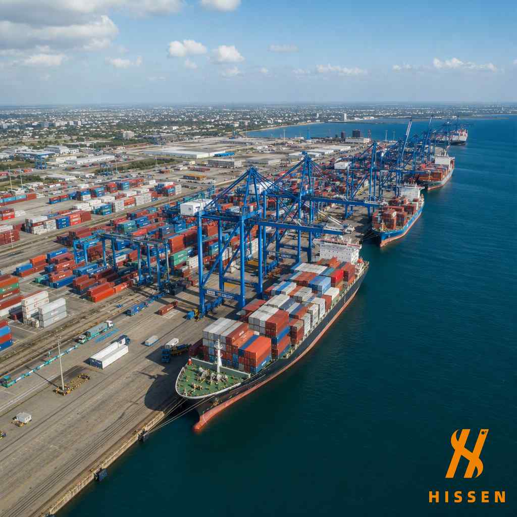 East African seaport container terminal with shipping containers and cranes