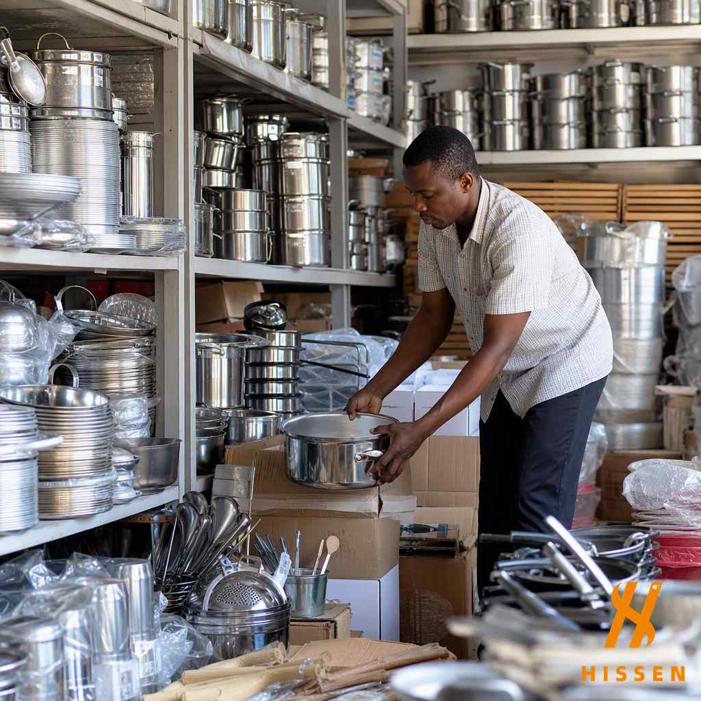 East African wholesale warehouse with cooking pots pans and kitchen utensils
