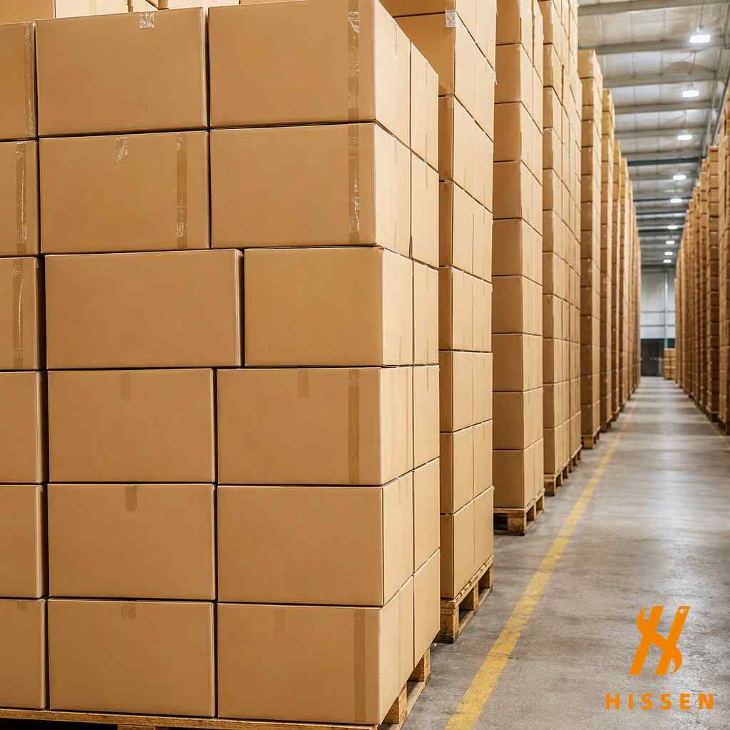 Stacked cartons of kitchenware ready for container loading
