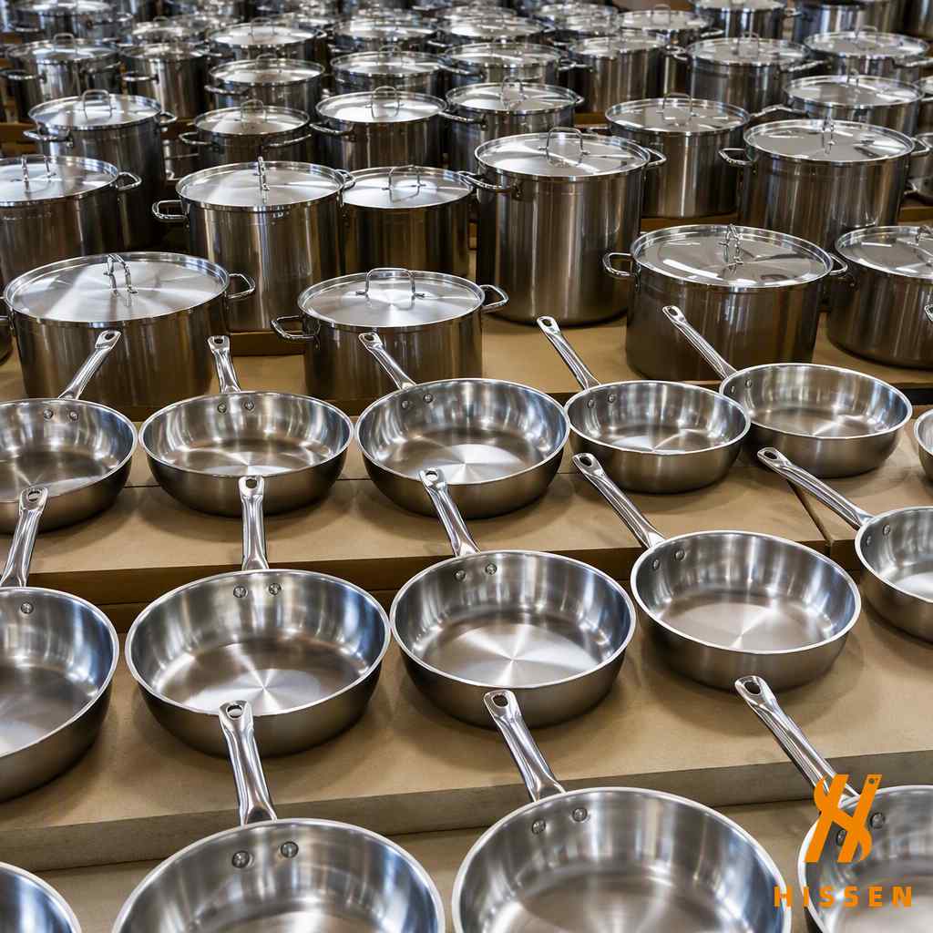 Stainless steel pots pans and wok arranged for wholesale display