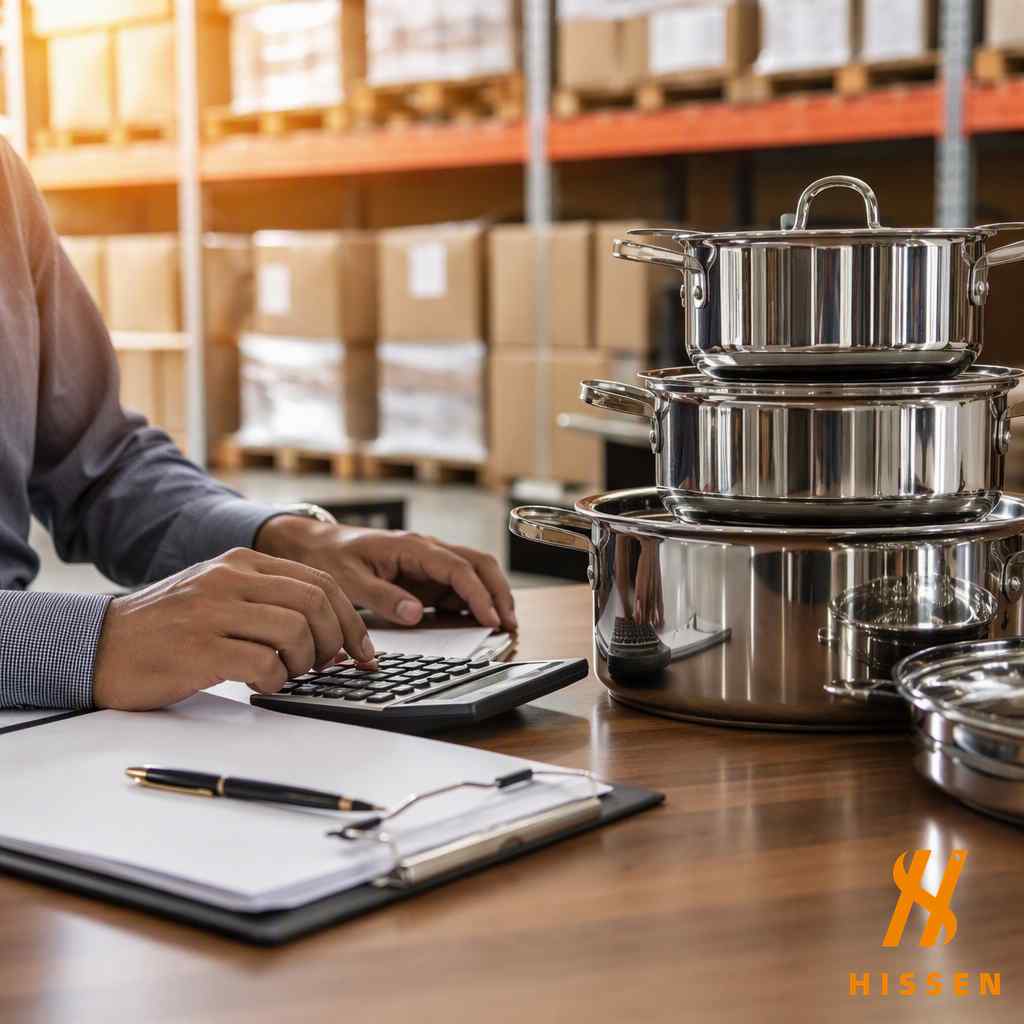 Importer calculating landed cost per piece for kitchenware container