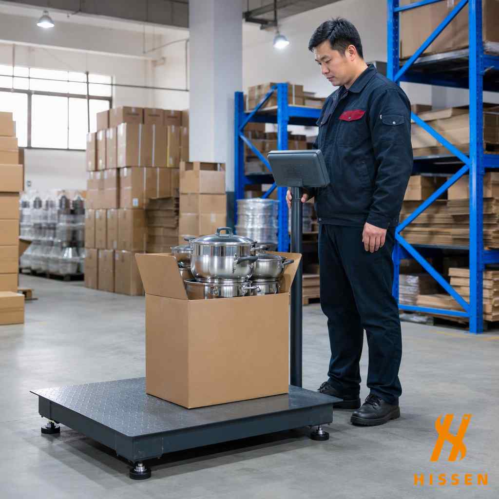 Weighing a carton of stainless steel pots for kitchenware wholesale price per kg