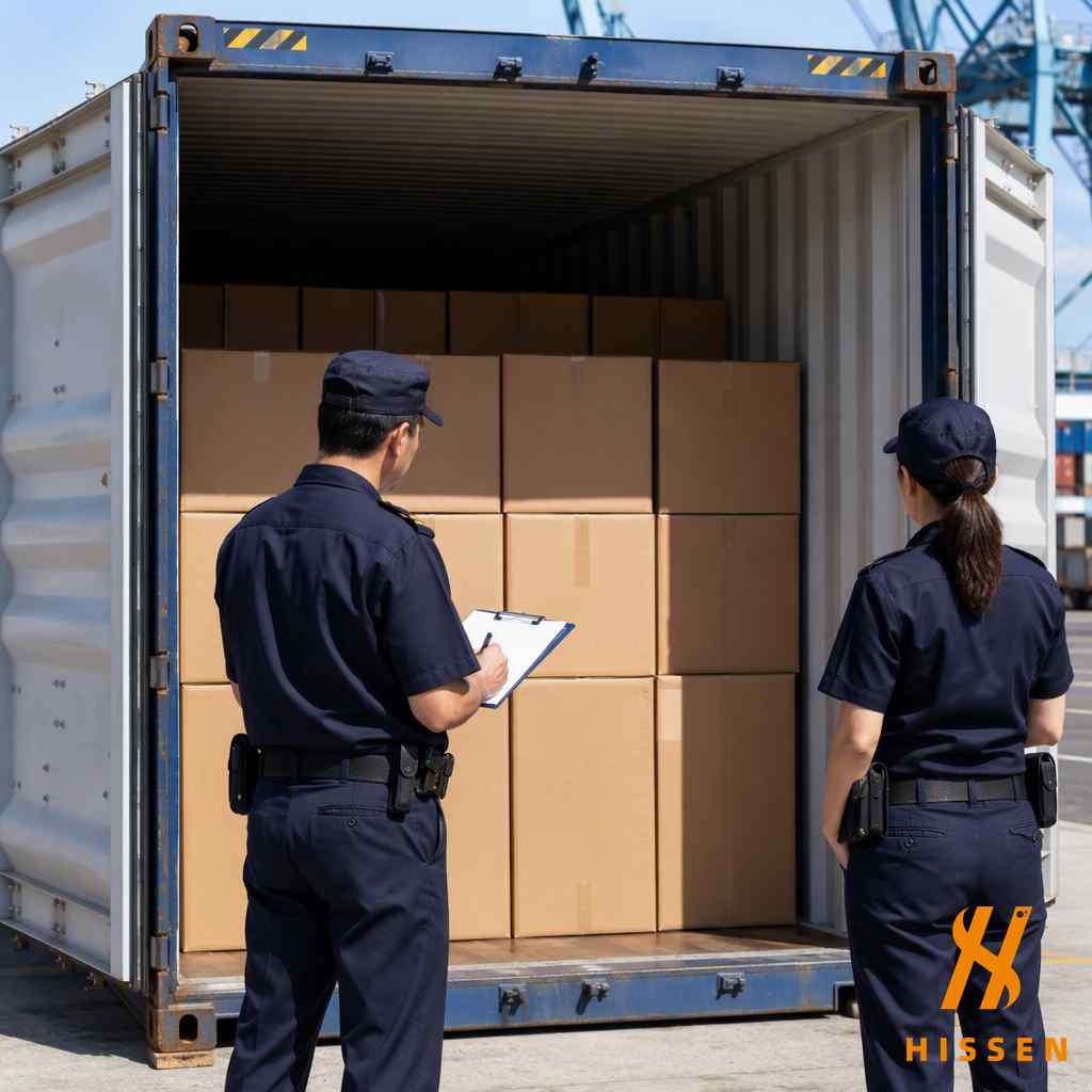 Customs officers inspecting shipping container of kitchenware cartons at port