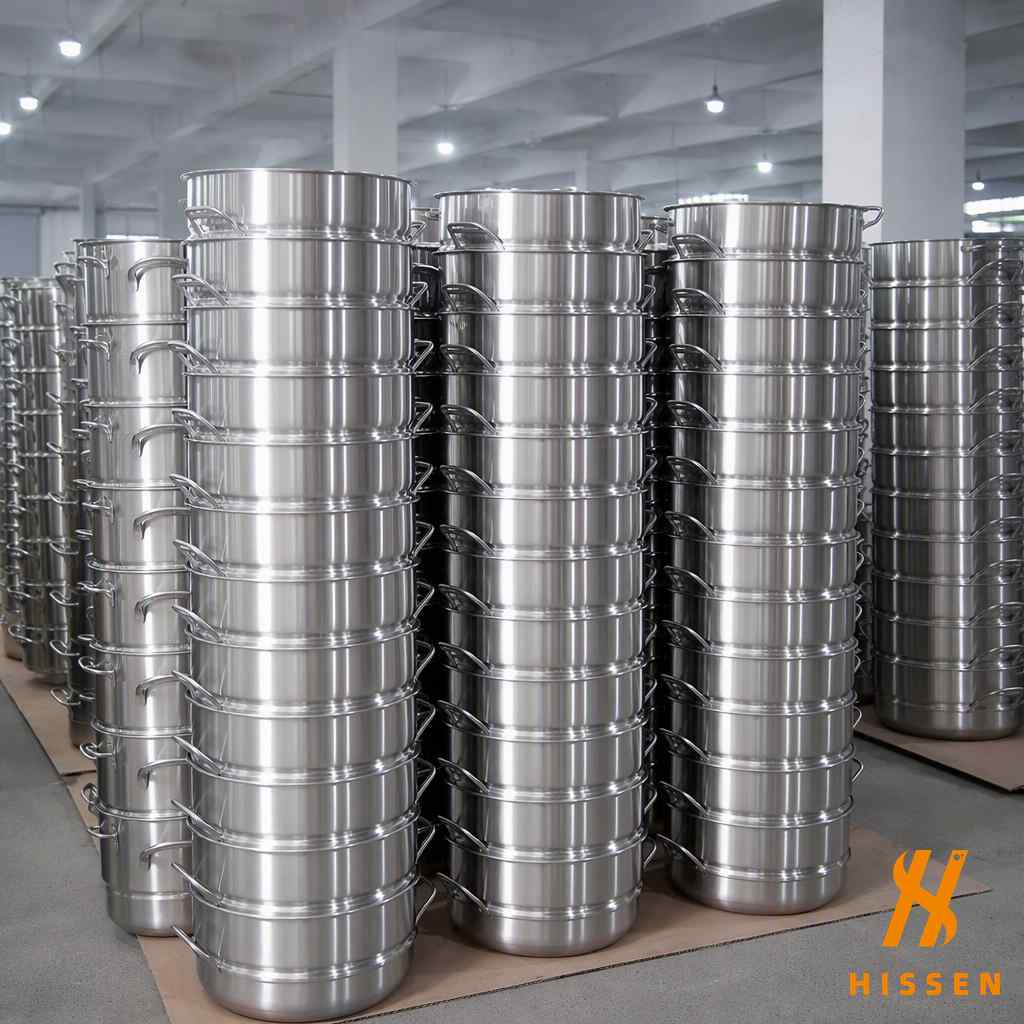 Stainless steel cooking pots stacked in Chinese warehouse for export to Nigeria