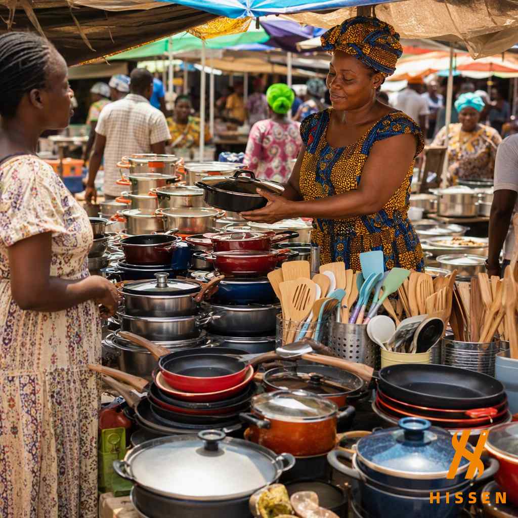 West African market stall selling cooking pots pans and kitchen utensils