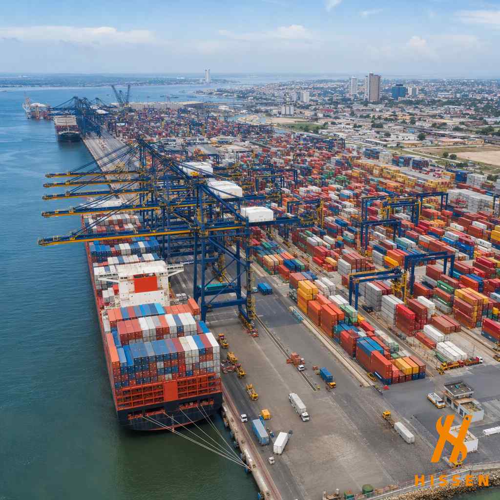 West African seaport container terminal with stacked shipping containers