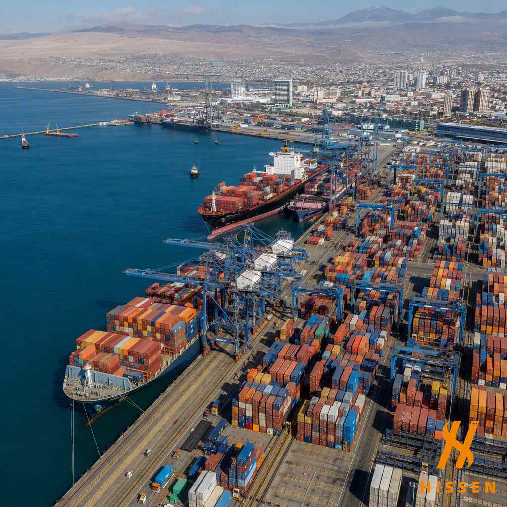 Peruvian Pacific container port with stacked containers and gantry cranes