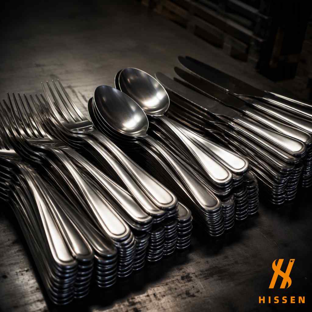 Stacked stainless steel table cutlery forks spoons and knives