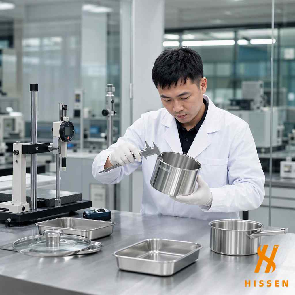 Technician inspecting kitchenware in a quality testing laboratory