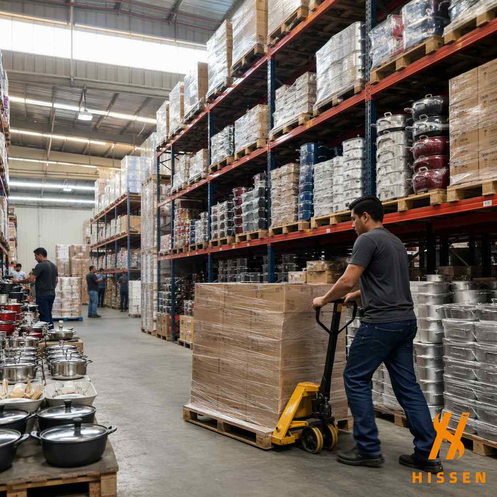 South American wholesale warehouse stacked with boxed cookware and kitchen utensils