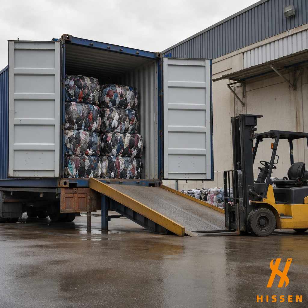 Palletised bales of used clothing ready for loading beside an open shipping container