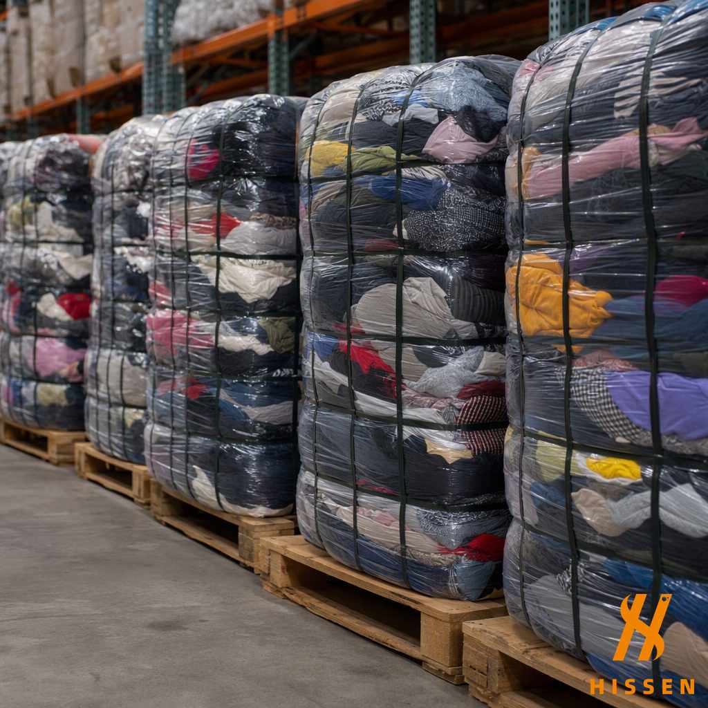 Several compressed bales of used clothing standing in a row on pallets in a warehouse
