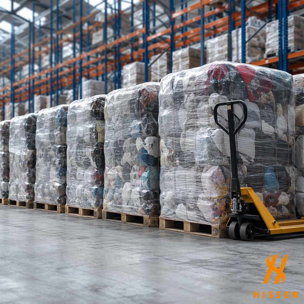 Shrink wrapped pallets of compressed used clothing bales with a manual pallet jack on a warehouse floor