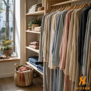A wooden clothing rail of neatly spaced garments and folded knitwear inside a small independent boutique