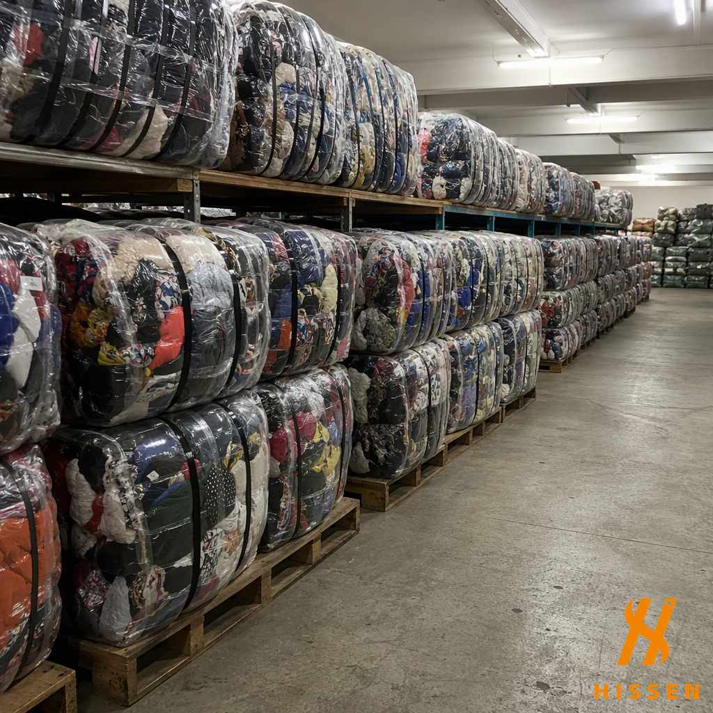 Rows of compressed clothing bundles wrapped in clear plastic and banded, stacked on pallets in a wholesale warehouse
