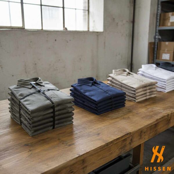 Folded mens shirts tied into neat single-category bundles with black banding on a long wooden sorting table