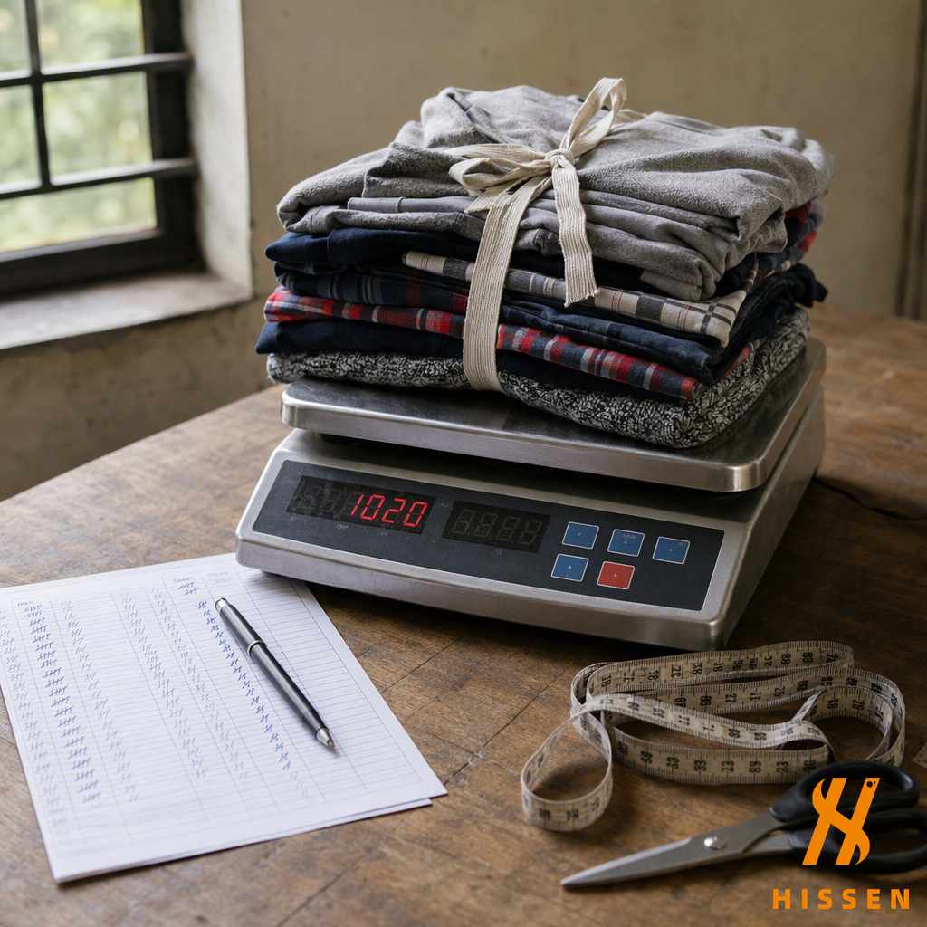 A tied bundle of clothing resting on a bench scale beside a tally sheet, measuring tape and scissors