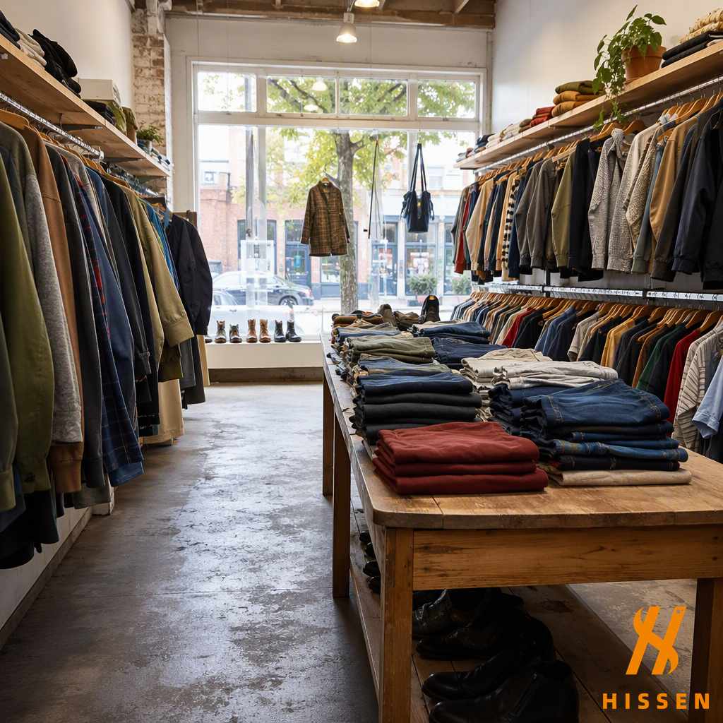Interior of a second hand clothing shop with garments on wooden rails along both walls and folded stacks on a central table
