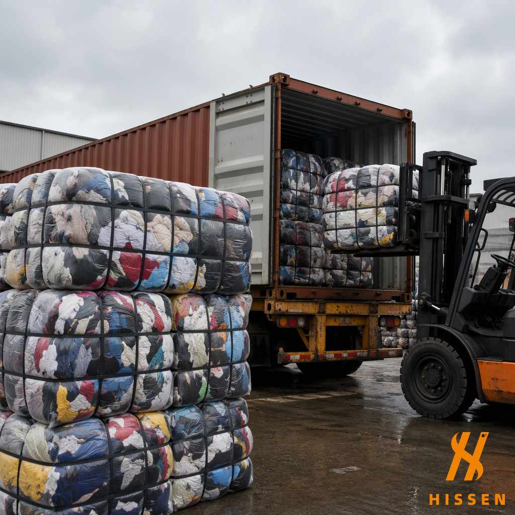Bales of used clothing being loaded into a shipping container at a logistics yard