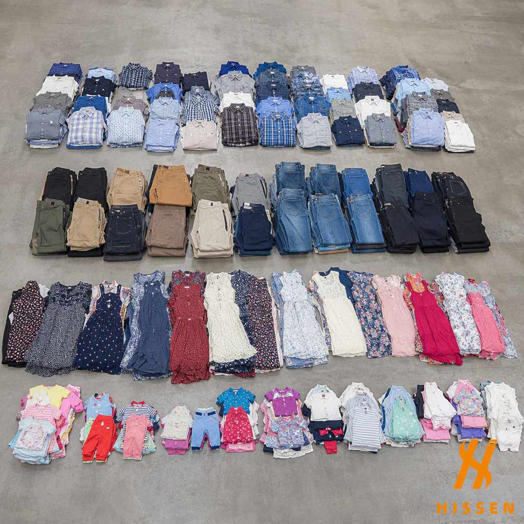 Second hand garments sorted into separate piles by category on a sorting floor