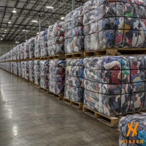 Bales of used clothing stacked on pallets inside a wholesale export warehouse