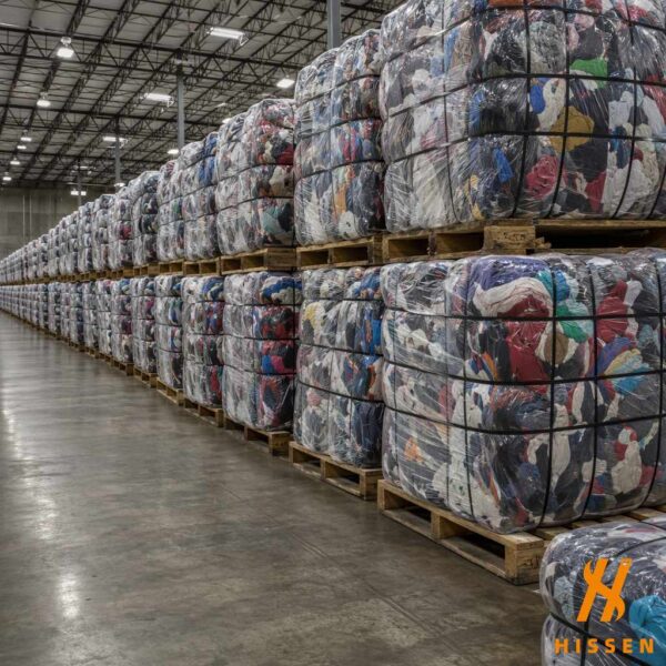 Bales of used clothing stacked on pallets inside a wholesale export warehouse