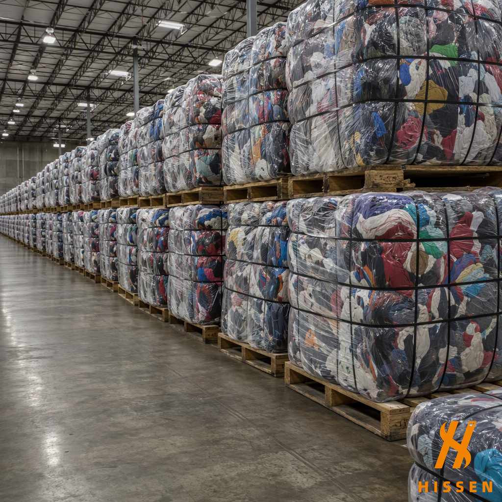 Bales of used clothing stacked on pallets inside a wholesale export warehouse