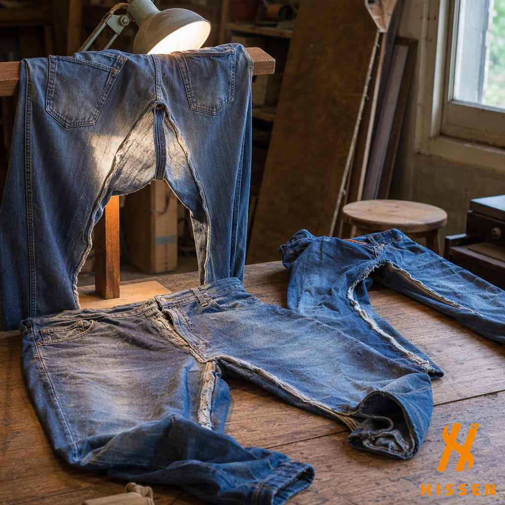 Worn denim jeans laid on a wooden table with the crotch seams turned out, one pair backlit by a workshop lamp