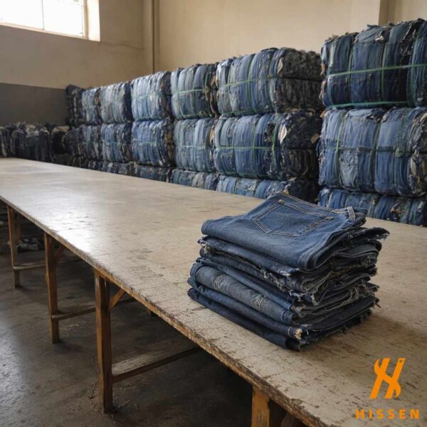 A small stack of selected worn denim jeans set apart on a sorting table with rows of compressed denim bales behind