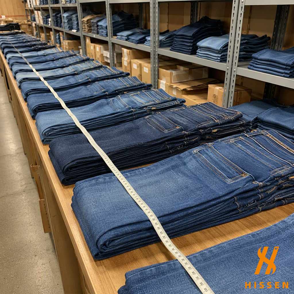 Folded denim jeans arranged in columns from narrow to wide on a long table with a cloth tape measure across the waistbands