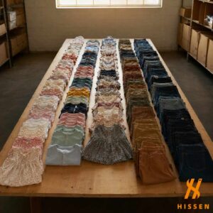 Children's clothing sorted into five graded rows by size on a long wooden sorting table in a warehouse