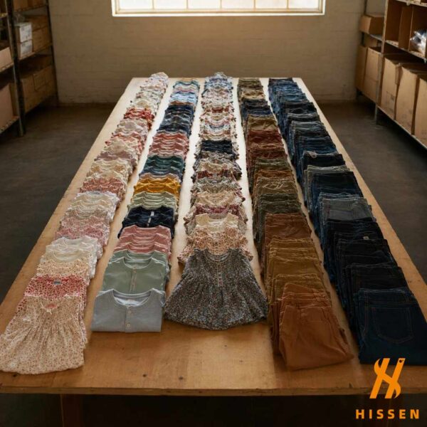 Children's clothing sorted into five graded rows by size on a long wooden sorting table in a warehouse
